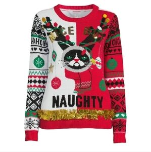 Ugly Cat Christmas Sweater Xmas Size LG 11-13